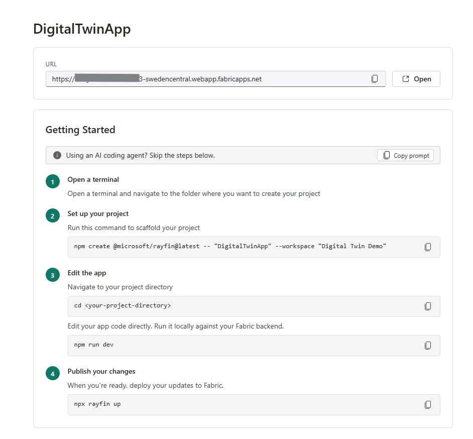 The Fabric App "Getting Started" screen with the URL and scaffold commands